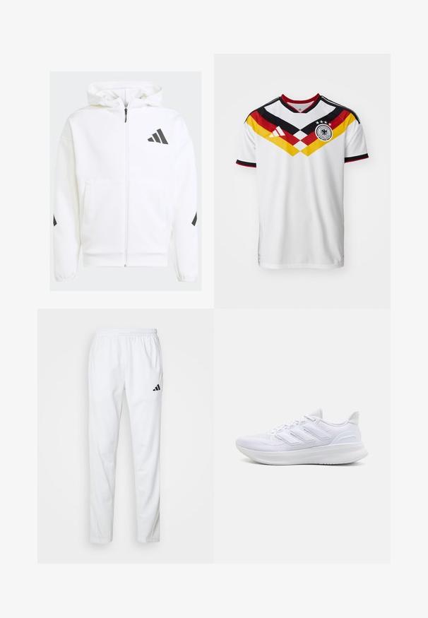 White zip-up hoodie with a hood. Features black logo and accents on shoulders. Made from soft material, smooth texture. Front pockets included.; White soccer jersey with black and red accents, featuring a yellow and red diagonal design, three stars, and the Adidas logo.; White athletic pants with an elastic waistband, tapered legs, and a black Adidas logo on the left thigh. Smooth, lightweight fabric.; White athletic shoes featuring a textured mesh upper, supportive cushioned sole, and three stripe design on the side.
