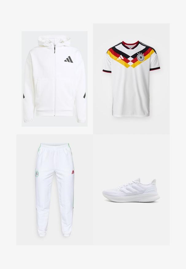 Sudadera blanca con cremallera y capucha. Presenta un logo negro y detalles en los hombros. Hecha de material suave, con textura lisa. Incluye bolsillos frontales.; Camiseta de fútbol blanca con detalles en negro y rojo, que presenta un diseño diagonal en amarillo y rojo, tres estrellas y el logo de Adidas.; Pantalones deportivos blancos con cinturilla elástica, franjas laterales verdes y logotipo de Adidas rojo. Presenta un parche bordado circular en el muslo.; Zapatillas deportivas blancas con una parte superior de malla texturizada, suela acolchada y soporte, y un diseño de tres rayas en el lateral.