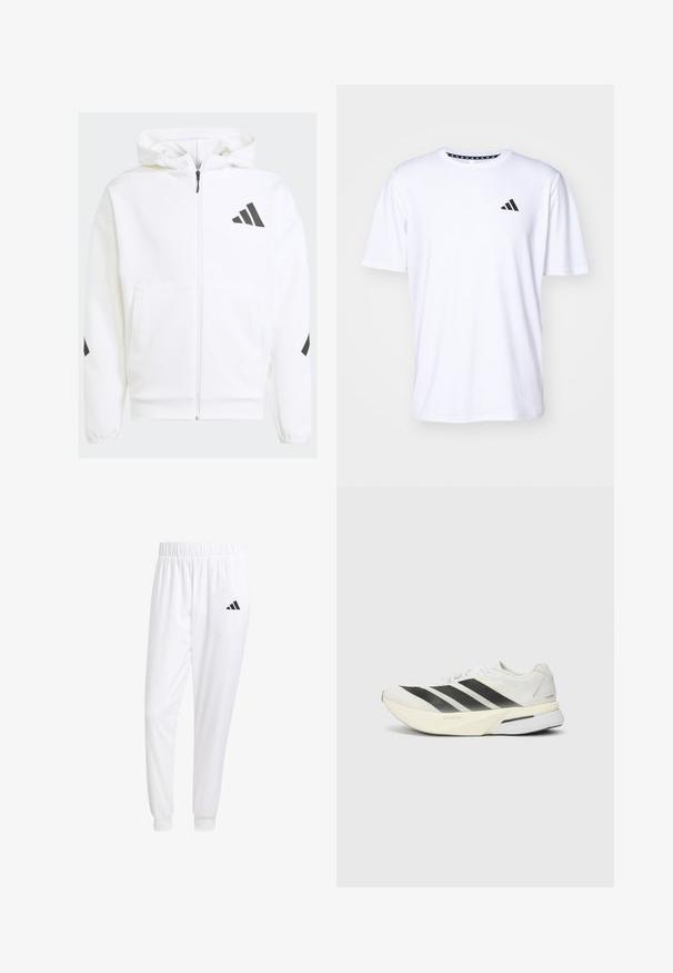 Biała bluza z zamkiem błyskawicznym i kapturem. Zawiera czarne logo oraz akcenty na ramionach. Wykonana z miękkiego materiału o gładkiej teksturze. Posiada kieszenie z przodu.; Biała koszulka z krótkim rękawem, wykonana z tkaniny o gładkiej fakturze. Posiada czarne logo adidas na lewej piersi oraz wzorzysty kołnierzyk.; Białe sportowe spodnie z gładkiego materiału, z elastycznym pasem w talii i dopasowanymi mankietami, z czarnym logo na tylnej kieszeni.; Białe sportowe buty z czarnymi paskami, lekką siateczkową cholewką, zaokrąglonym noskiem i amortyzowaną podeszwą oznaczoną "Lightstrike Pro."