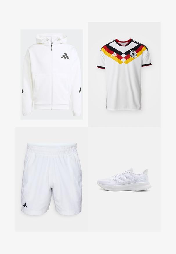 Weiße Zip-Hoodie mit Kapuze. Verfügt über schwarzes Logo und Akzente an den Schultern. Aus weichem Material mit glatter Textur gefertigt. Mit vorderen Taschen.; Weißes Fußballtrikot mit schwarzen, roten und gelben Chevron-Streifen über der Brust, Adidas-Logo links und Emblem der deutschen Fußballnationalmannschaft rechts.; Weiße Sportshorts mit einem elastischen Bund, aus einem strukturierten Stoff und mit einem schwarzen Adidas-Logo auf der unteren linken Seite.; Weiße Sportschuhe mit einem strukturierten Mesh-Obermaterial, einer stützenden gepolsterten Sohle und einem drei Streifen-Design an der Seite.