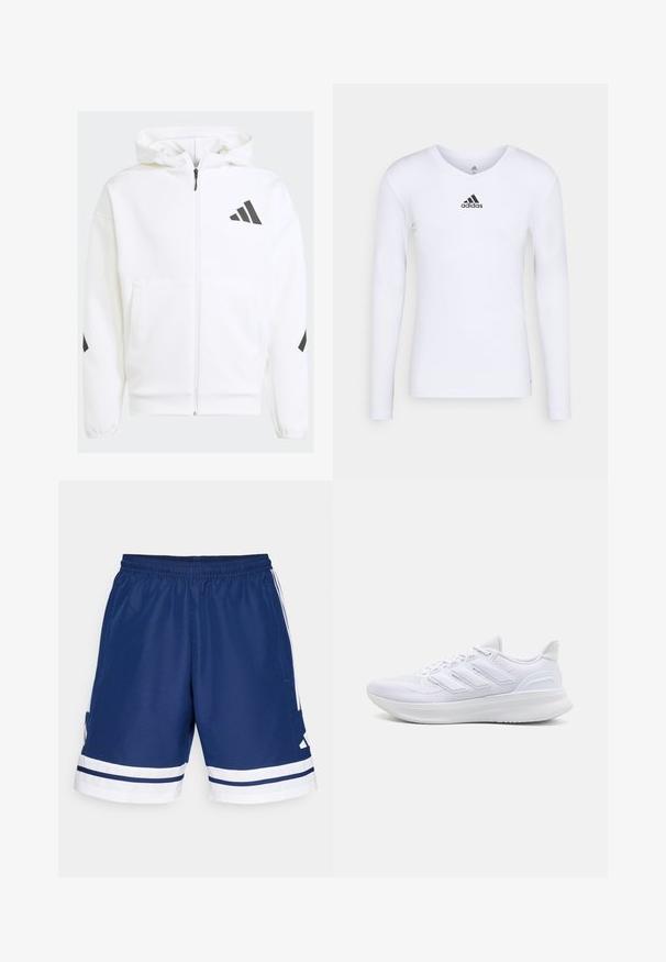 White zip-up hoodie with a hood. Features black logo and accents on shoulders. Made from soft material, smooth texture. Front pockets included.; Long-sleeve white athletic shirt made of smooth material featuring a black Adidas logo at the chest; V-neck design and fitted shape.; Navy athletic shorts with a stretchy waistband, white accents, and side pockets. Features white stripes at the hem. Polyester material.; White athletic shoes featuring a textured mesh upper, supportive cushioned sole, and three stripe design on the side.