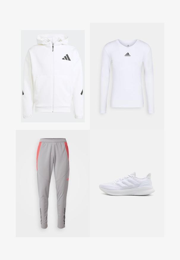Weiße Zip-Hoodie mit Kapuze. Verfügt über schwarzes Logo und Akzente an den Schultern. Aus weichem Material mit glatter Textur gefertigt. Mit vorderen Taschen.; Langärmliges weißes Sportshirt aus glattem Material mit einem schwarzen Adidas-Logo auf der Brust; V-Ausschnitt-Design und figurbetonte Form.; Graue Sporthose mit rosa seitlichen Akzenten, slim fit, elastischem Bund und schwarzen vertikalen Streifen nahe den Knöcheln. Hergestellt aus glattem, dehnbarem Material.; Weiße Sportschuhe mit einem strukturierten Mesh-Obermaterial, einer stützenden gepolsterten Sohle und einem drei Streifen-Design an der Seite.