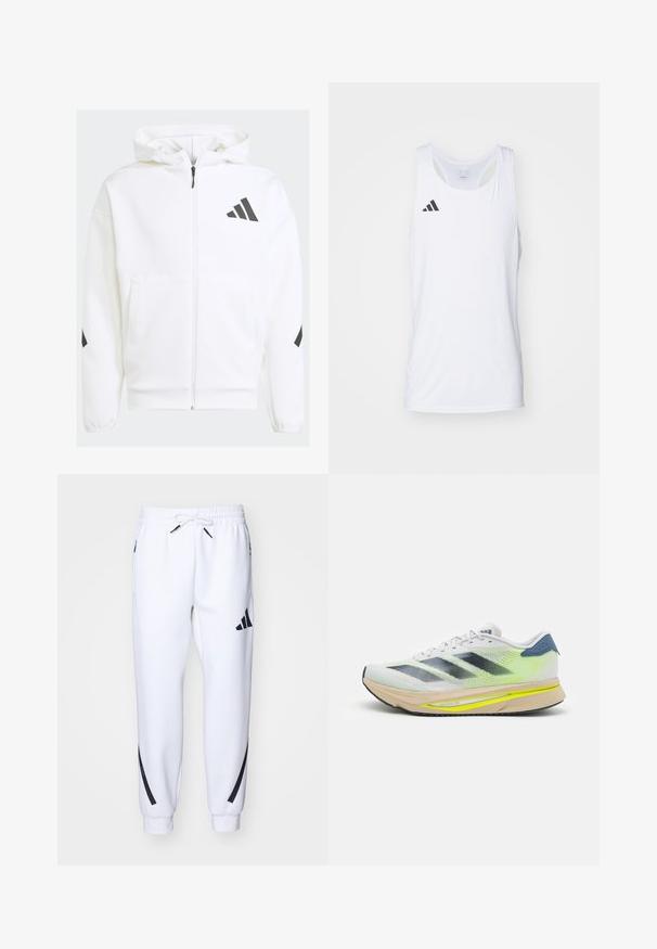 Veste à capuche blanche zippée. Caractéristiques : logo noir et accents sur les épaules. Fabriquée en matériau doux, texture lisse. Poches avant incluses.; Débardeur d'athlétisme sans manches en tissu léger de couleur blanche, avec le logo noir d'Adidas sur la poitrine gauche et un col plongeant.; Jogging blanc athlétique avec accents noirs, fabriqués en tissu doux, dotés d'une taille élastique, d'une fermeture à cordon de serrage et de poches latérales.; adidas Performance ADIZERO SL2 - Chaussures de running sur route - dash grey/core black/lucid lemon