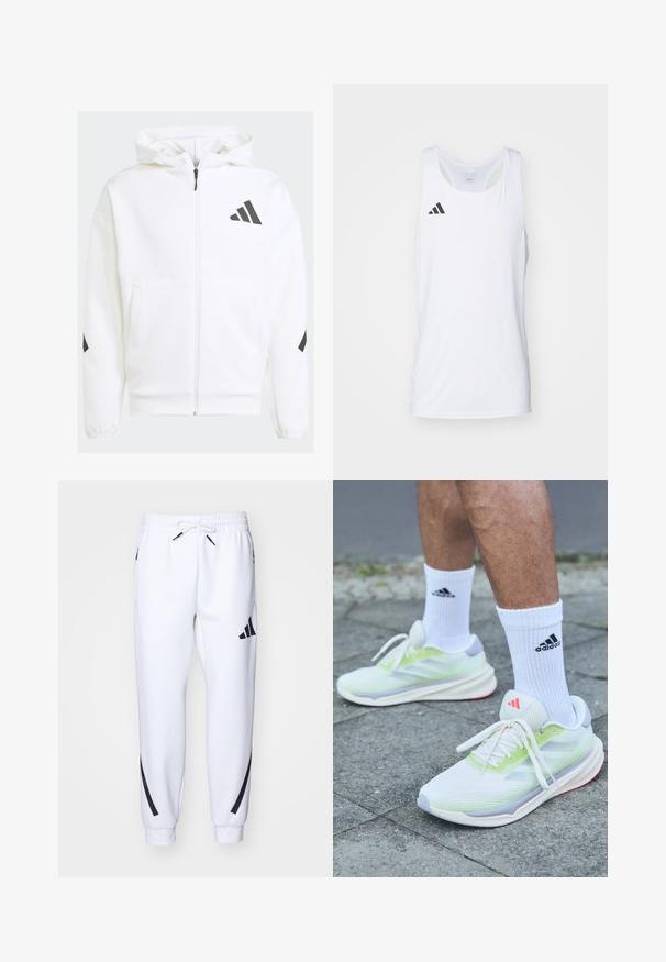 Weiße Zip-Hoodie mit Kapuze. Verfügt über schwarzes Logo und Akzente an den Schultern. Aus weichem Material mit glatter Textur gefertigt. Mit vorderen Taschen.; Weißes ärmelloses sportliches Tanktop aus leichtem Stoff, mit schwarzem Adidas-Logo auf der linken Brust und einem runden Ausschnitt.; Weiße sportliche Jogginghosen mit schwarzen Akzenten, aus weichem Stoff, mit elastischem Bund, Kordelzugverschluss und Seitentaschen.; Weiße Netz-Sportschuhe mit leuchtend grünen und lavendelfarbenen Akzenten, die eine strukturierte Oberfläche und eine rote Außensohle aufweisen, kombiniert mit weißen Socken.