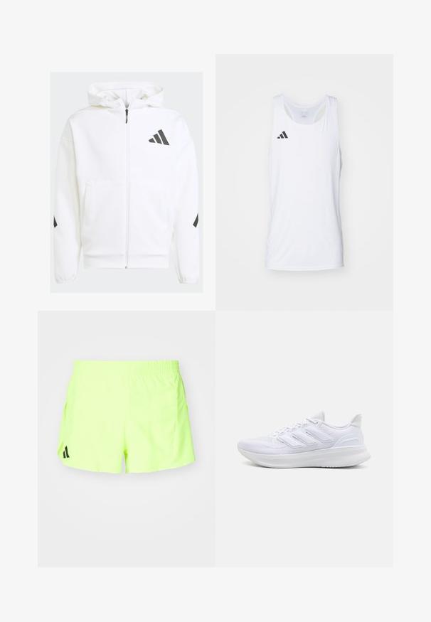 White zip-up hoodie with a hood. Features black logo and accents on shoulders. Made from soft material, smooth texture. Front pockets included.; White sleeveless athletic tank top made of lightweight fabric, featuring black Adidas logo on the left chest and a scoop neckline.; Neon yellow athletic shorts with an elastic waistband, side pockets, and a black logo at the lower left. Smooth, lightweight fabric.; White athletic shoes featuring a textured mesh upper, supportive cushioned sole, and three stripe design on the side.