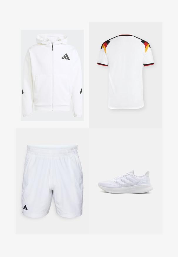 Weiße Zip-Hoodie mit Kapuze. Verfügt über schwarzes Logo und Akzente an den Schultern. Aus weichem Material mit glatter Textur gefertigt. Mit vorderen Taschen.; Weißes Sporttrikot mit kurzen Ärmeln, mit schwarzen, roten und gelben Akzenten auf den Schultern. Gerippter Ausschnitt, leichter Stoff.; Weiße Sportshorts mit einem elastischen Bund, aus einem strukturierten Stoff und mit einem schwarzen Adidas-Logo auf der unteren linken Seite.; Weiße Sportschuhe mit einem strukturierten Mesh-Obermaterial, einer stützenden gepolsterten Sohle und einem drei Streifen-Design an der Seite.