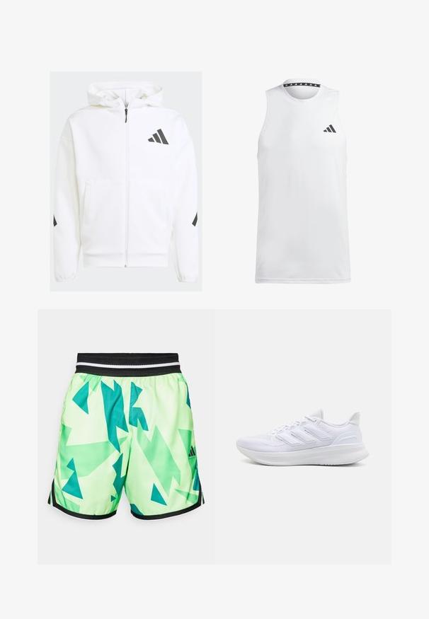 Veste à capuche blanche zippée. Caractéristiques : logo noir et accents sur les épaules. Fabriquée en matériau doux, texture lisse. Poches avant incluses.; Débardeur de sport blanc sans manches en tissu lisse. Présente un logo noir sur la poitrine gauche et un col noir à motif.; Shorts vert lime avec un motif géométrique teal, dotés d'une ceinture élastique noire avec des rayures blanches et des accents latéraux noirs.; Chaussures de sport blanches avec un dessus en mesh texturé, une semelle rembourrée et un design à trois bandes sur le côté.