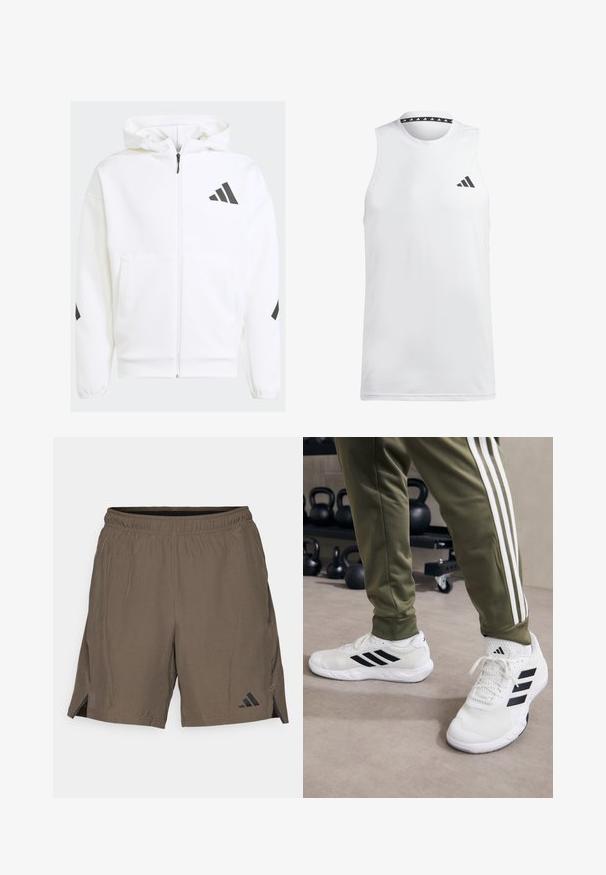 Λευκή ζακέτα φούτερ με κουκούλα. Διαθέτει μαύρο λογότυπο και λεπτομέρειες στους ώμους. Φτιαγμένη από μαλακό υλικό με απαλό άγγιγμα. Περιλαμβάνει μπροστινές τσέπες.; Λευκή αθλητική αμάνικη μπλούζα φτιαγμένη από λείο ύφασμα. Διαθέτει ένα μαύρο λογότυπο στο αριστερό στήθος και μια κα patterned μαύρη λαιμόκοψη.; adidas Performance Αθλητικό σορτς - shadow olive; Λευκά αθλητικά παπούτσια με μαύρες ρίγες, υφή πλέγματος και επενδεδυμένο κολάρο, σε συνδυασμό με ελαιοπράσινα παντελόνια με λευκές πλευρικές ρίγες.