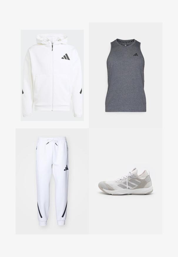 Valge lukuga kapuutsiga sviiter. Omab musta logo ja detailide aktsente õlgadel. Valmistatud pehmest materjalist, sile tekstuur. Esiküljel taskud.; Hallux hallik on kerge kangast hall sportlik singel, millel on ümmargune kaelus ja must brändilogo vasakul rinna piirkonnas.; Valged spordijoggerid mustade aktsentidega, valmistatud pehmest kangast, millel on elastne vöökoht, paelaga sulgemine ja küljetaskud.; adidas Performance RAPIDMOVE ADVANCED TRAINER - Treeningjalatsid - footwear white/grey one