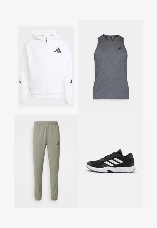 Bílá mikina na zip s kapucí. Má černé logo a akcenty na ramenou. Je vyrobena z měkkého materiálu s hladkou texturou. Obsahuje přední kapsy.; Šedý atletický tílko vyrobené z lehkého materiálu, s kulatým výstřihem a černým logem značky na levé části hrudi.; Světle zelené sportovní kalhoty s elastickým pasem, zúženými nohavicemi a černým logem. Vyrobené z hladké, prodyšné látky.; Černé sportovní boty s texturovaným síťovaným svrškem, bílými akcentními pruhy, polstrovanou podrážkou a vyztuženým patem pro podporu.