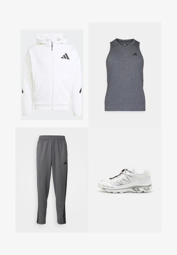 Witte zip-up hoodie met een capuchon. Kenmerkt zich door een zwart logo en accenten op de schouders. Gemaakt van zacht materiaal met een gladde textuur. Inclusief zakken aan de voorkant.; Grijze sportieve tanktop gemaakt van lichtgewicht stof, met een ronde halslijn en een zwart merkembleem op de linkerkant van de borst.; adidas Performance TRAIN ESSENTIALS 3-STRIPES - Trainingsbroek - grey five/black; Witte sportieve schoen met een gestructureerde bovenkant, reflecterende accenten en een grijze zool. Kenmerkt zich door geaccentueerde opvallende driehoekige patronen en een snelvetersysteem.