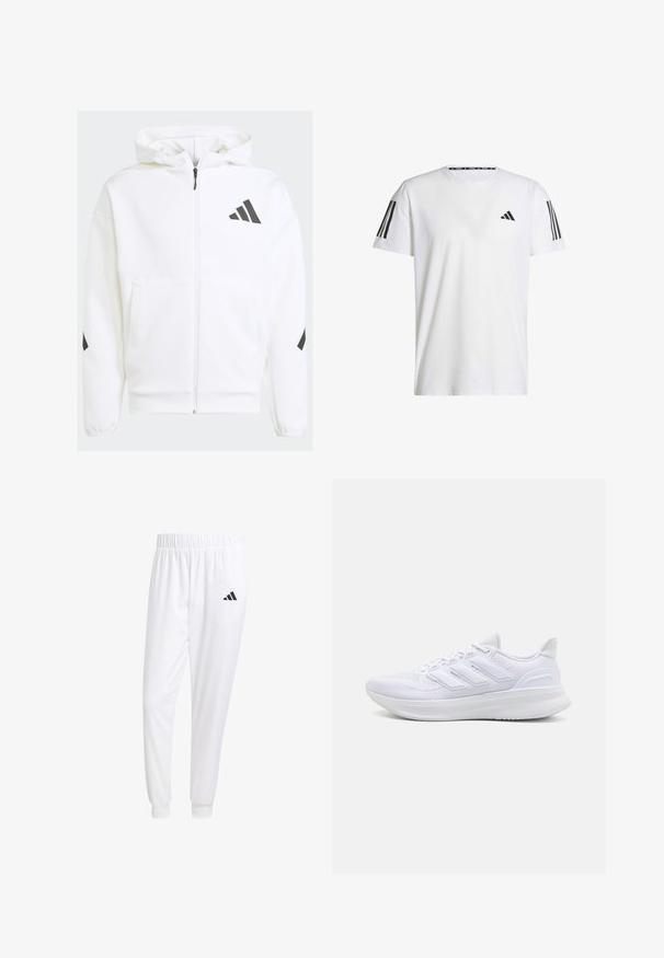 Bílá mikina na zip s kapucí. Má černé logo a akcenty na ramenou. Je vyrobena z měkkého materiálu s hladkou texturou. Obsahuje přední kapsy.; Bílé tričko s krátkým rukávem vyrobené z prodyšné tkaniny, s černým trojúhelníkovým logem a třemi černými pruhy na každém rameni.; Bílé sportovní kalhoty vyrobené z hladkého materiálu, s elastickým pasem a přiléhavými manžetami, s černým logem na zadní kapse.; Bílé sportovní boty s texturovaným síťovaným svrškem, podpůrnou polstrovanou podrážkou a třemi pruhy na boku.