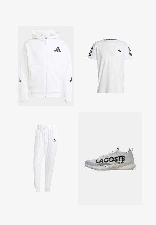 Casaco de capuz branco com fecho éclair. Apresenta um logótipo preto e detalhes nos ombros. Feito de material suave, com uma textura lisa. Inclui bolsos frontais.; T-shirt branco de manga curta, feito de tecido respirável, com um logo triangular preto e três riscas pretas em cada ombro.; Calças esportivas brancas feitas de tecido suave, com uma cintura elástica e punhos ajustados, apresentando um logo preto no bolso de trás.; O sneaker Lacoste apresenta um upper em malha branca leve, com uma marcação em preto, sola curva e amortecimento LSRFOAM. Detalhes em cinza claro.