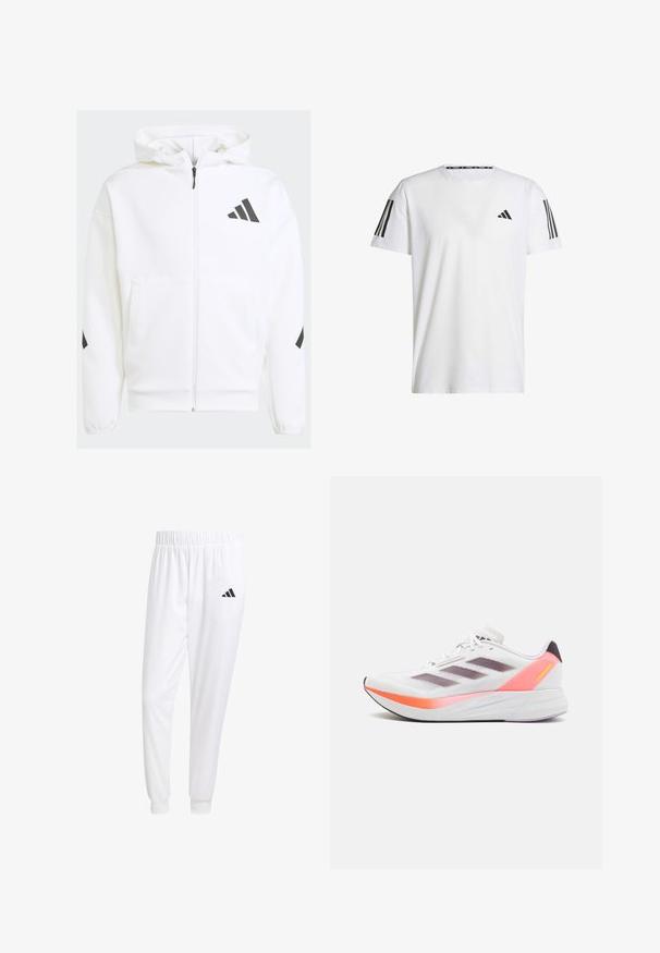 Veste à capuche blanche zippée. Caractéristiques : logo noir et accents sur les épaules. Fabriquée en matériau doux, texture lisse. Poches avant incluses.; T-shirt blanc à manches courtes en tissu respirant, doté d'un logo triangulaire noir et de trois bandes noires sur chaque épaule.; Pantalons de sport blancs en tissu lisse, dotés d'une taille élastique et de poignets ajustés, avec un logo noir sur la poche arrière.; adidas Performance DURAMO SPEED - Chaussures de running sur route - footwear white/aurora metallic/solar red