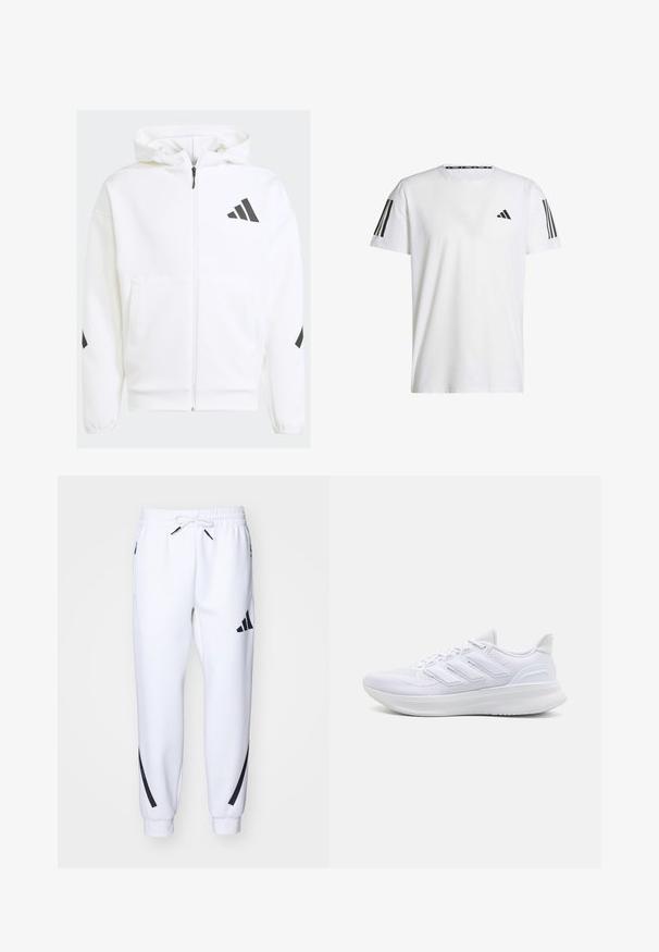 Witte zip-up hoodie met een capuchon. Kenmerkt zich door een zwart logo en accenten op de schouders. Gemaakt van zacht materiaal met een gladde textuur. Inclusief zakken aan de voorkant.; Witte T-shirt met korte mouwen, gemaakt van ademend materiaal, met een zwart driehoekig logo en drie zwarte strepen op elke schouder.; Witte sportieve joggers met zwarte accenten, gemaakt van zachte stof, met een elastische tailleband, trekkoordsluiting en zijzakken.; Witte sportschoenen met een gestructureerde mesh bovenkant, een ondersteunende gevoerde zool en een ontwerp met drie strepen aan de zijkant.