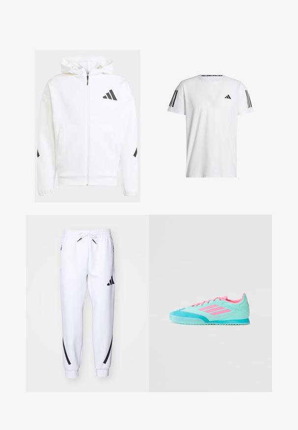 Sudadera blanca con cremallera y capucha. Presenta un logo negro y detalles en los hombros. Hecha de material suave, con textura lisa. Incluye bolsillos frontales.; Camiseta blanca de manga corta hecha de tejido transpirable, con un logo triangular negro y tres rayas negras en cada hombro.; Pantalones deportivos blancos con detalles en negro, confeccionados en una tela suave, que cuentan con una cintura elástica, cierre con cordón y bolsillos laterales.; Zapatilla deportiva turquesa con acentos en rosa, con un upper de textil suave, puntera de ante y suela de goma estriada.
