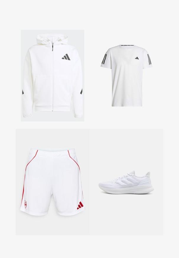 Witte zip-up hoodie met een capuchon. Kenmerkt zich door een zwart logo en accenten op de schouders. Gemaakt van zacht materiaal met een gladde textuur. Inclusief zakken aan de voorkant.; Witte T-shirt met korte mouwen, gemaakt van ademend materiaal, met een zwart driehoekig logo en drie zwarte strepen op elke schouder.; Witte sportieve shorts met rode zijaccenten, een elastische tailleband, voorzien van een geborduurd teamlogo en het Adidas-logo aan de zoom.; Witte sportschoenen met een gestructureerde mesh bovenkant, een ondersteunende gevoerde zool en een ontwerp met drie strepen aan de zijkant.