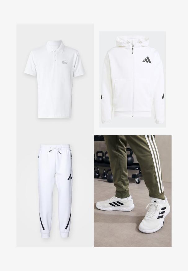 Fehér cipzáras kapucnis pulóver. Fekete logóval és vállrészen található kiegészítőkkel ellátva. Puha anyagból készült, sima textúrával. Elöl zsebek találhatóak.; Fehér pólóing pamutból. Klasszikus gallérral, három gombos rákontrázással és világosszürke EA7 logóval a mellkason. Rövid ujjak.; Fehér sportos kocogónadrág fekete részletekkel, puha anyagból készült, rugalmas derékkal, húzózsinórral és oldalsó zsebekkel.; Fehér sportcipők fekete csíkokkal, hálós textúrával és párnázott bokarészel, olívazöld nadrággal, amely fehér oldalsávokkal rendelkezik.