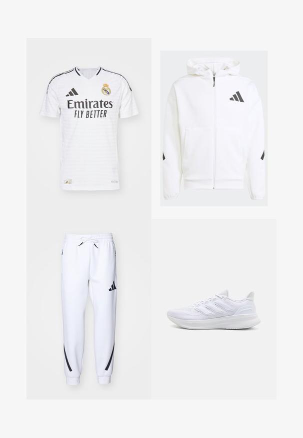 Felpa bianca con zip e cappuccio. Presenta un logo nero e dettagli neri sulle spalle. Realizzata in materiale morbido, con una texture liscia. Tasche frontali incluse.; Maglietta da calcio bianca con scollo a V, accenti a righe nere, logo "Emirates Fly Better", stemma del Real Madrid e tessuto texturizzato.; Pantaloni da jogging bianchi con dettagli neri, realizzati in tessuto morbido, dotati di vita elasticizzata, chiusura con cordoncino e tasche laterali.; Scarpe sportive bianche con tomaia in mesh texturato, suola ammortizzata e supportiva, e design a tre strisce sul lato.