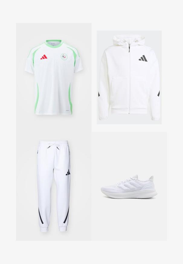 Felpa bianca con zip e cappuccio. Presenta un logo nero e dettagli neri sulle spalle. Realizzata in materiale morbido, con una texture liscia. Tasche frontali incluse.; Maglietta da calcio bianca a maniche corte con accenti verdi, logo rosso Adidas e emblema nazionale dell'Algeria con un pallone da calcio e la bandiera.; Pantaloni da jogging bianchi con dettagli neri, realizzati in tessuto morbido, dotati di vita elasticizzata, chiusura con cordoncino e tasche laterali.; Scarpe sportive bianche con tomaia in mesh texturato, suola ammortizzata e supportiva, e design a tre strisce sul lato.