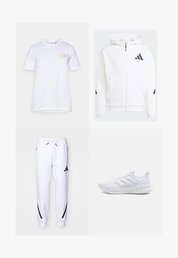 Hvid zip-up hættejakke med hætte. Har sort logo og accenter på skuldrene. Fremstillet af blødt materiale med glat tekstur. Foran er der lommer.; Hvid bomulds t-shirt med korte ærmer. Har et grafisk design i lyserød og grøn på venstre bryst, der ligner et logo.; Hvide atletiske joggingbukser med sorte accenter, lavet af blødt stof, med elastisk talje, snorelukning og sidelommer.; Hvide sportssko med en tekstureret mesh-overdel, en støttende polstret sål og et tre-stripes design på siden.