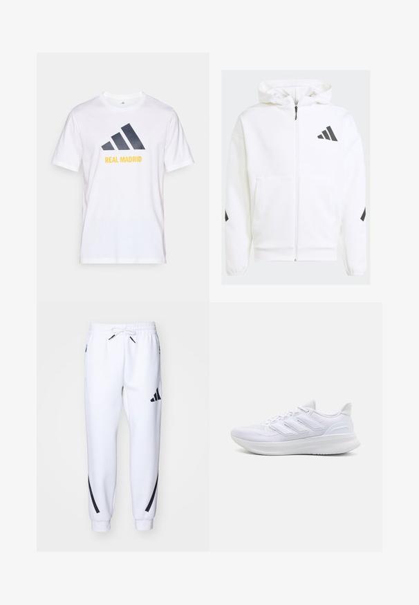 Weiße Zip-Hoodie mit Kapuze. Verfügt über schwarzes Logo und Akzente an den Schultern. Aus weichem Material mit glatter Textur gefertigt. Mit vorderen Taschen.; Weißes Baumwoll-T-Shirt mit einem navyblauen Adidas-Logo und "REAL MADRID" in Gelb unter dem Logo. Kurze Ärmel, Rundhalsausschnitt.; Weiße sportliche Jogginghosen mit schwarzen Akzenten, aus weichem Stoff, mit elastischem Bund, Kordelzugverschluss und Seitentaschen.; Weiße Sportschuhe mit einem strukturierten Mesh-Obermaterial, einer stützenden gepolsterten Sohle und einem drei Streifen-Design an der Seite.