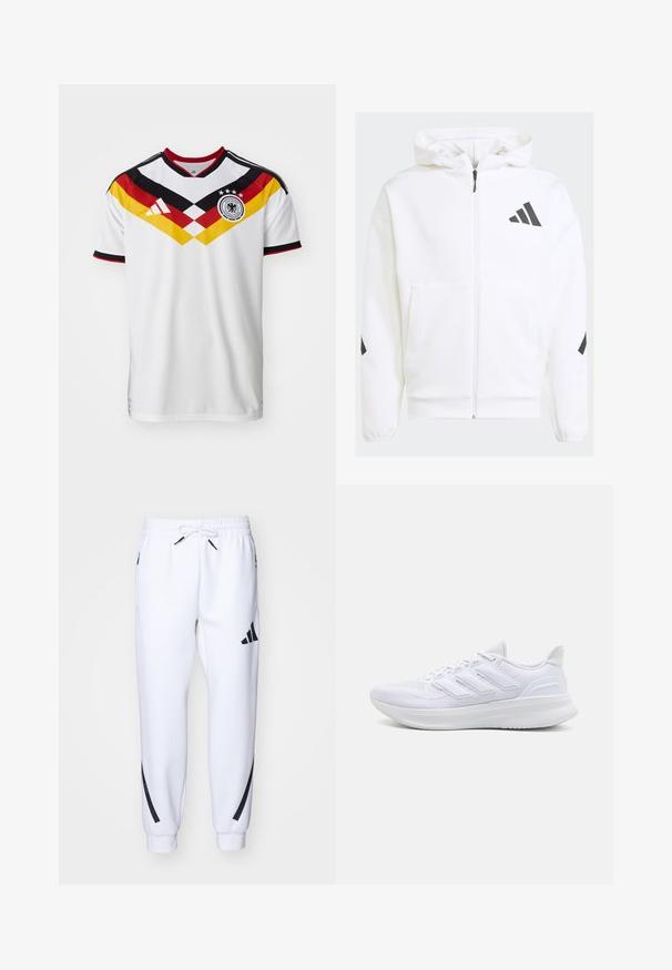 Balta zip-up gobtuvė su gobtuvu. Yra juodas logotipas ir akcentai ant pečių. Pagaminta iš minkštos medžiagos, lygaus paviršiaus. Įtaisyti priekiniai kišeniai.; Balta futbolo marškinėliai su juodais ir raudonais akcentais, kuriuose yra geltona ir raudona įstrižainės dizainas, trys žvaigždutės ir "Adidas" logotipas.; Balti sportiniai džinsai su juodais akcentais, pagaminti iš minkštos medžiagos, su elastingu juosmeniu, raištelių uždarymu ir šoninėmis kišenėmis.; Balti sportiniai batai su tekstūruotu tinkleliu, palaikančia minkšta padu ir trimis juostelėmis šonuose.