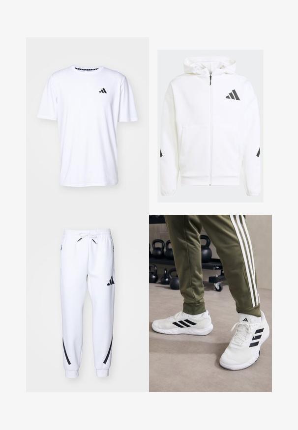 Balta kapuce ar rāvējslēdzēju. Izceļas ar melnu logo un akcentiem uz pleciem. Izgatavota no mīksta materiāla, gluda tekstūra. Iekļautas priekšējās kabatas.; Balta īsām piedurknēm T-kreklu, kas izgatavots no auduma ar gludu tekstūru. Tam ir melns adidas logo kreisajā krūtī un rakstains apkakles dizains.; Baltas sporta bikses ar melniem akcentiem, izgatavotas no mīksta auduma, ar elastīgu jostu, aukliņu aizdari un sānu kabatām.; Baltas sporta apavi ar melnām svītrām, sietveida tekstūra un mīksta apkakle, pārī ar olīvu zaļām biksēm, kurām ir baltas sānu svītras.