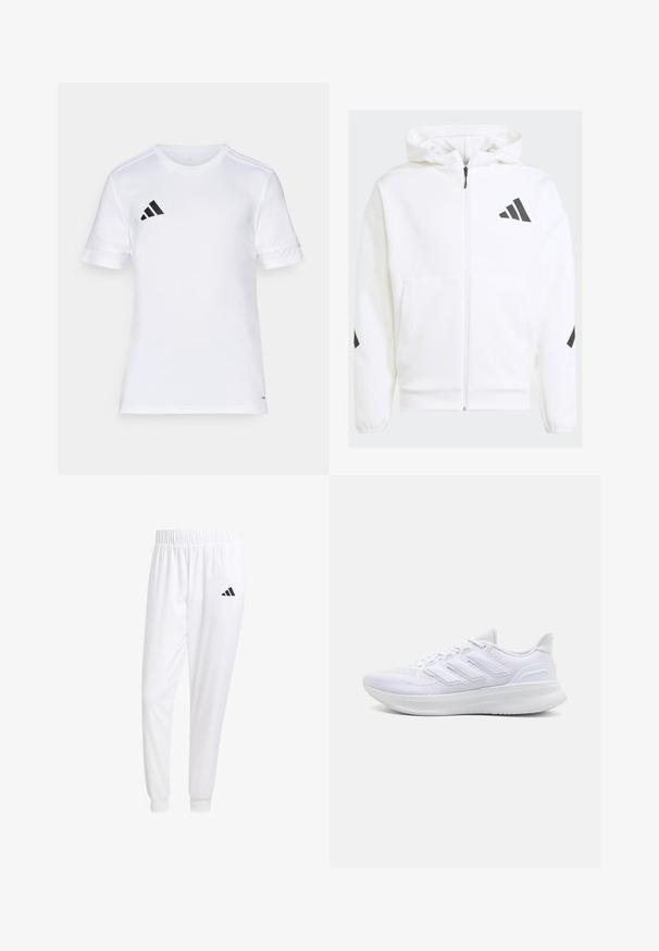 Sudadera blanca con cremallera y capucha. Presenta un logo negro y detalles en los hombros. Hecha de material suave, con textura lisa. Incluye bolsillos frontales.; Camiseta deportiva blanca de manga corta con diseño de tres franjas negras en los hombros y logo en el lado izquierdo del pecho. Tejido suave y ligero.; Pantalones deportivos blancos de tela suave, con cinturilla elástica y puños ajustados, y un logo negro en el bolsillo trasero.; Zapatillas deportivas blancas con una parte superior de malla texturizada, suela acolchada y soporte, y un diseño de tres rayas en el lateral.