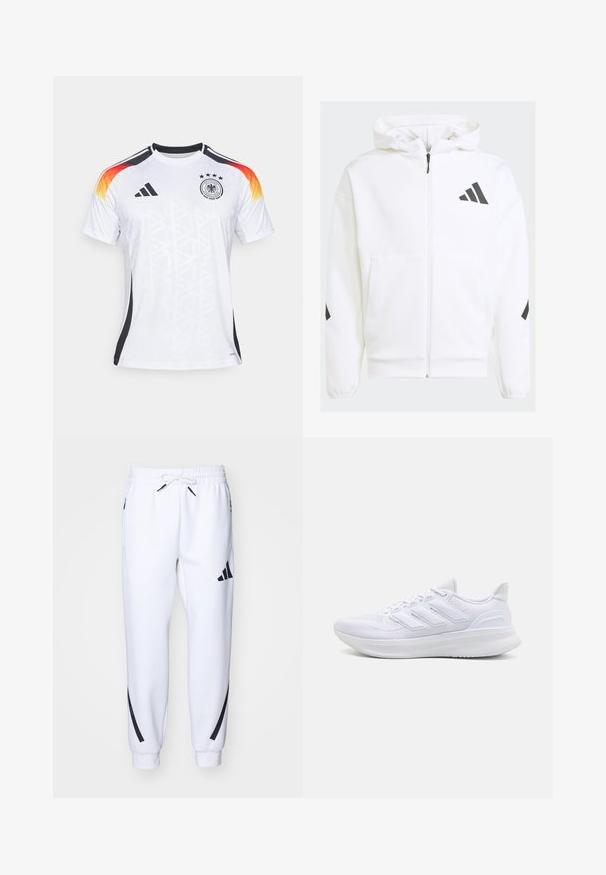 Weiße Zip-Hoodie mit Kapuze. Verfügt über schwarzes Logo und Akzente an den Schultern. Aus weichem Material mit glatter Textur gefertigt. Mit vorderen Taschen.; Weißes Fußballtrikot mit schwarzen Akzenten, einem Farbverlauf von Orange zu Gelb im Schulterbereich, drei Sterne und einem strukturierten geometrischen Muster.; Weiße sportliche Jogginghosen mit schwarzen Akzenten, aus weichem Stoff, mit elastischem Bund, Kordelzugverschluss und Seitentaschen.; Weiße Sportschuhe mit einem strukturierten Mesh-Obermaterial, einer stützenden gepolsterten Sohle und einem drei Streifen-Design an der Seite.