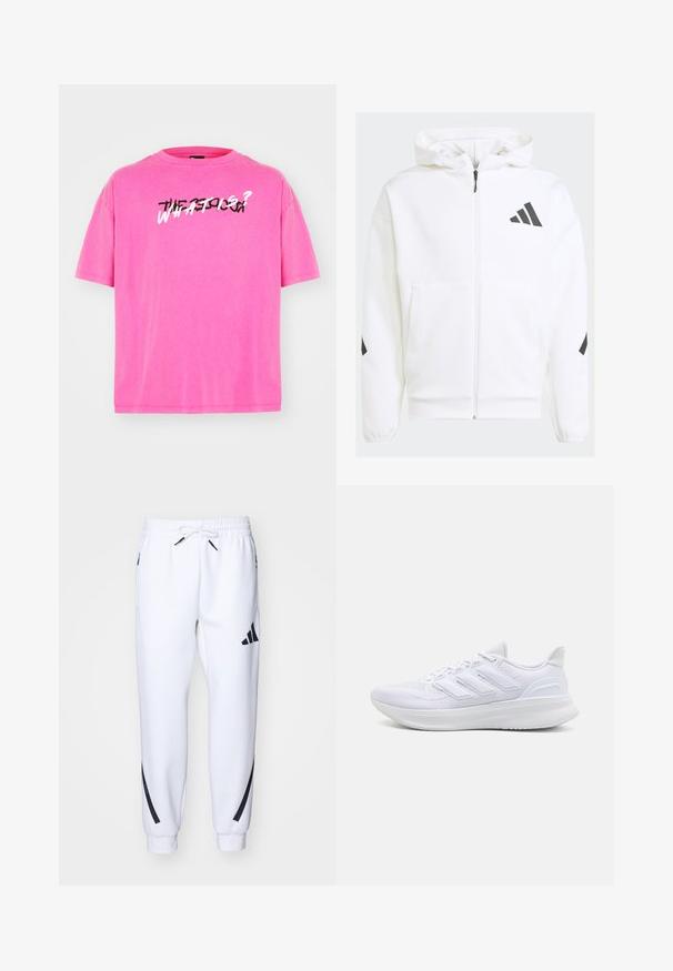 Sudadera blanca con cremallera y capucha. Presenta un logo negro y detalles en los hombros. Hecha de material suave, con textura lisa. Incluye bolsillos frontales.; Camiseta de manga corta de color rosa brillante, hecha de tela suave. Presenta un estampado gráfico en blanco y negro en la parte frontal que dice "¿QUÉ ES?"; Pantalones deportivos blancos con detalles en negro, confeccionados en una tela suave, que cuentan con una cintura elástica, cierre con cordón y bolsillos laterales.; Zapatillas deportivas blancas con una parte superior de malla texturizada, suela acolchada y soporte, y un diseño de tres rayas en el lateral.