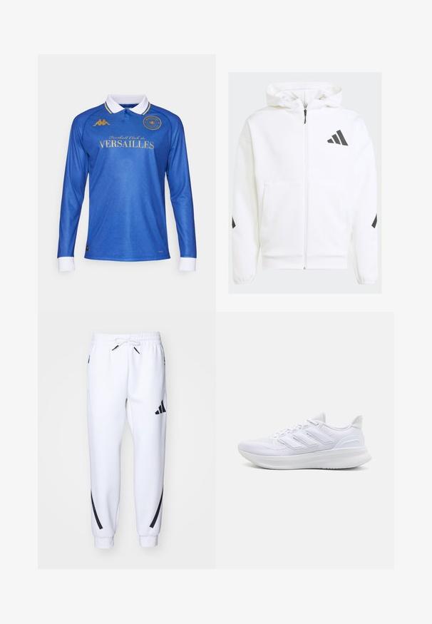 Felpa bianca con zip e cappuccio. Presenta un logo nero e dettagli neri sulle spalle. Realizzata in materiale morbido, con una texture liscia. Tasche frontali incluse.; Maglia da calcio a maniche lunghe blu con colletto bianco, caratterizzata da loghi e testo dorati, un motivo diagonale testurizzato e polsini bianchi a contrasto.; Pantaloni da jogging bianchi con dettagli neri, realizzati in tessuto morbido, dotati di vita elasticizzata, chiusura con cordoncino e tasche laterali.; Scarpe sportive bianche con tomaia in mesh texturato, suola ammortizzata e supportiva, e design a tre strisce sul lato.