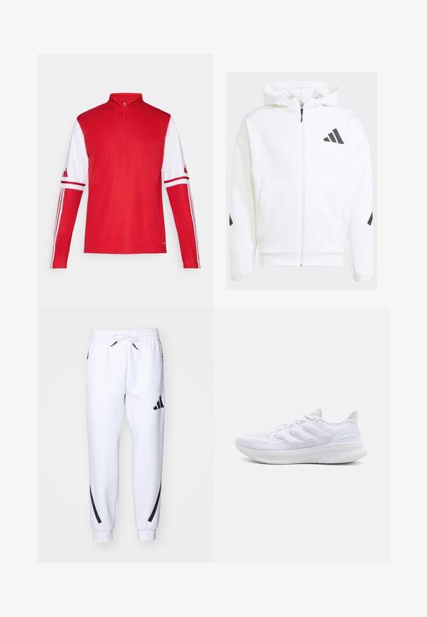 White zip-up hoodie with a hood. Features black logo and accents on shoulders. Made from soft material, smooth texture. Front pockets included.; Red athletic long-sleeve shirt with a quarter-zip collar, white sleeves, three white stripes along shoulders, and Adidas logo on sleeves.; White athletic joggers with black accents, made from soft fabric, featuring an elastic waistband, drawstring closure, and side pockets.; White athletic shoes featuring a textured mesh upper, supportive cushioned sole, and three stripe design on the side.