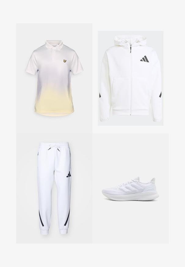 Weiße Zip-Hoodie mit Kapuze. Verfügt über schwarzes Logo und Akzente an den Schultern. Aus weichem Material mit glatter Textur gefertigt. Mit vorderen Taschen.; Weißes Poloshirt mit einem gelben Verlauf am Saum, einem klassischen Kragen und einem kleinen schwarzen Vogel-Logo auf der linken Brust.; Weiße sportliche Jogginghosen mit schwarzen Akzenten, aus weichem Stoff, mit elastischem Bund, Kordelzugverschluss und Seitentaschen.; Weiße Sportschuhe mit einem strukturierten Mesh-Obermaterial, einer stützenden gepolsterten Sohle und einem drei Streifen-Design an der Seite.