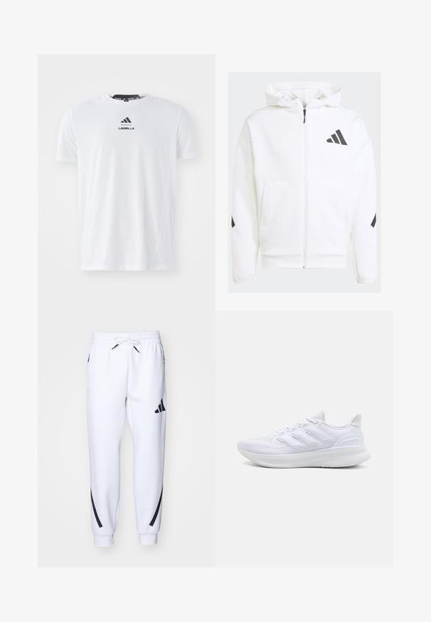 Biela mikina na zips s kapucňou. Obsahuje čierne logo a akcenty na pleciach. Vyrobená z mäkkého materiálu, hladkej textúry. Obsahuje predné vrecká.; Biela športová tričko vyrobené z ľahkej tkaniny. Má okrúhly výstrih, krátke rukávy a čierne logo "LES MILLS" na prednej strane.; Biele športové nohavice s čiernymi detailmi, vyrobené z jemnej látky, s elastickým pásom, sťahovaním na šnúrku a bočnými vreckami.; Biele športové topánky s textúrovanou sieťovinou na vrchu, podpornou a polstrovanou podrážkou a trojpruhovým dizajnom na boku.