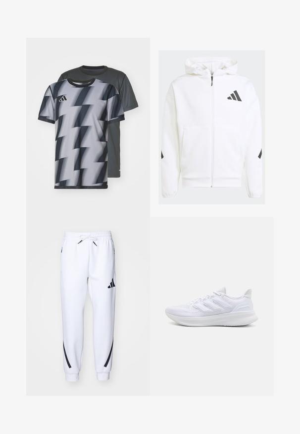Sudadera blanca con cremallera y capucha. Presenta un logo negro y detalles en los hombros. Hecha de material suave, con textura lisa. Incluye bolsillos frontales.; Dos camisetas de manga corta: una gris con una textura sutil, la otra con un patrón en zigzag en blanco y negro, ambas con escote redondo.; Pantalones deportivos blancos con detalles en negro, confeccionados en una tela suave, que cuentan con una cintura elástica, cierre con cordón y bolsillos laterales.; Zapatillas deportivas blancas con una parte superior de malla texturizada, suela acolchada y soporte, y un diseño de tres rayas en el lateral.