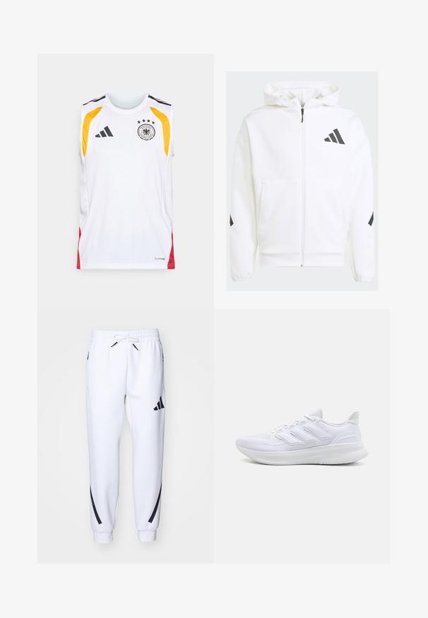 Veste à capuche blanche zippée. Caractéristiques : logo noir et accents sur les épaules. Fabriquée en matériau doux, texture lisse. Poches avant incluses.; Maillot sans manches blanc avec accents noirs, panneaux latéraux jaunes et rouges, présentant un logo avec quatre étoiles au-dessus, et une étiquette "Climacool".; Jogging blanc athlétique avec accents noirs, fabriqués en tissu doux, dotés d'une taille élastique, d'une fermeture à cordon de serrage et de poches latérales.; Chaussures de sport blanches avec un dessus en mesh texturé, une semelle rembourrée et un design à trois bandes sur le côté.
