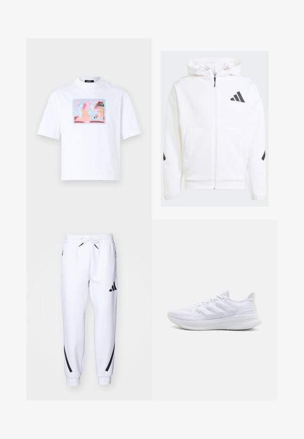 Sudadera blanca con cremallera y capucha. Presenta un logo negro y detalles en los hombros. Hecha de material suave, con textura lisa. Incluye bolsillos frontales.; Camiseta blanca de algodón con un diseño impreso colorido de figuras clásicas en un marco rectangular en la parte frontal. Mangas cortas y corte relajado.; Pantalones deportivos blancos con detalles en negro, confeccionados en una tela suave, que cuentan con una cintura elástica, cierre con cordón y bolsillos laterales.; Zapatillas deportivas blancas con una parte superior de malla texturizada, suela acolchada y soporte, y un diseño de tres rayas en el lateral.