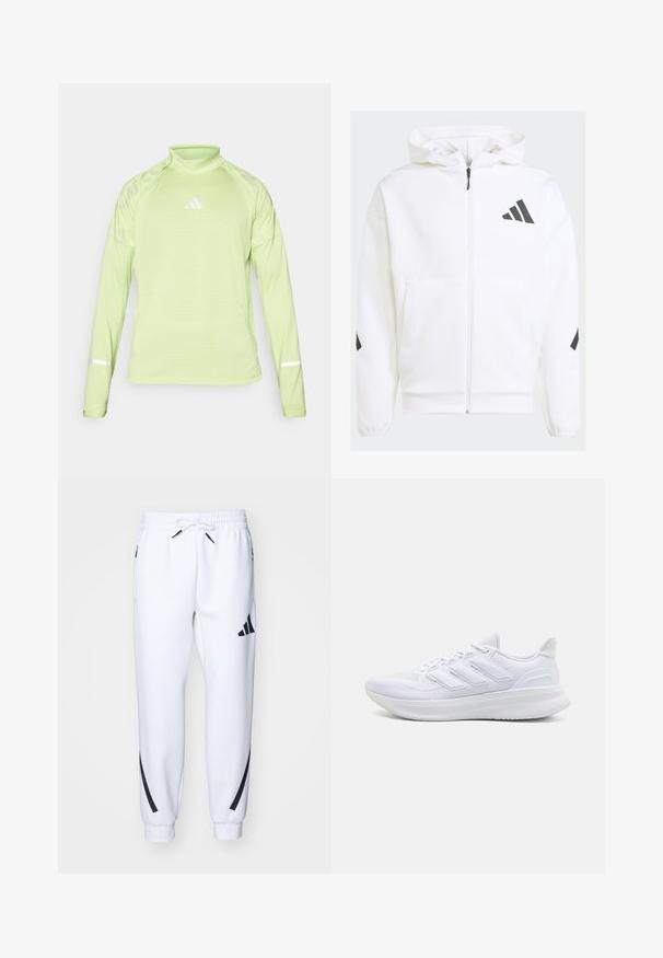 Sudadera blanca con cremallera y capucha. Presenta un logo negro y detalles en los hombros. Hecha de material suave, con textura lisa. Incluye bolsillos frontales.; Camiseta atlética de manga larga de color verde claro con cuello alto, que presenta un logotipo blanco y detalles reflectantes en los puños. Fabricada con material texturizado y transpirable.; Pantalones deportivos blancos con detalles en negro, confeccionados en una tela suave, que cuentan con una cintura elástica, cierre con cordón y bolsillos laterales.; Zapatillas deportivas blancas con una parte superior de malla texturizada, suela acolchada y soporte, y un diseño de tres rayas en el lateral.