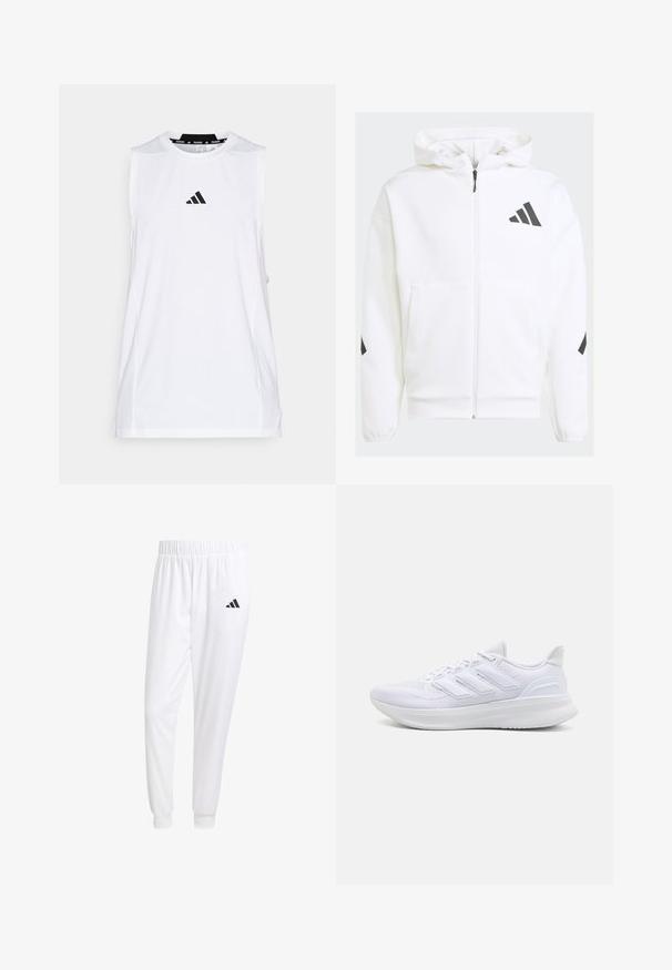 Weiße Zip-Hoodie mit Kapuze. Verfügt über schwarzes Logo und Akzente an den Schultern. Aus weichem Material mit glatter Textur gefertigt. Mit vorderen Taschen.; adidas Performance TANK - Top - white; Weiße Sporthose aus glattem Stoff, mit einem elastischen Bund und enganliegenden Bündchen, mit einem schwarzen Logo auf der Gesäßtasche.; Weiße Sportschuhe mit einem strukturierten Mesh-Obermaterial, einer stützenden gepolsterten Sohle und einem drei Streifen-Design an der Seite.