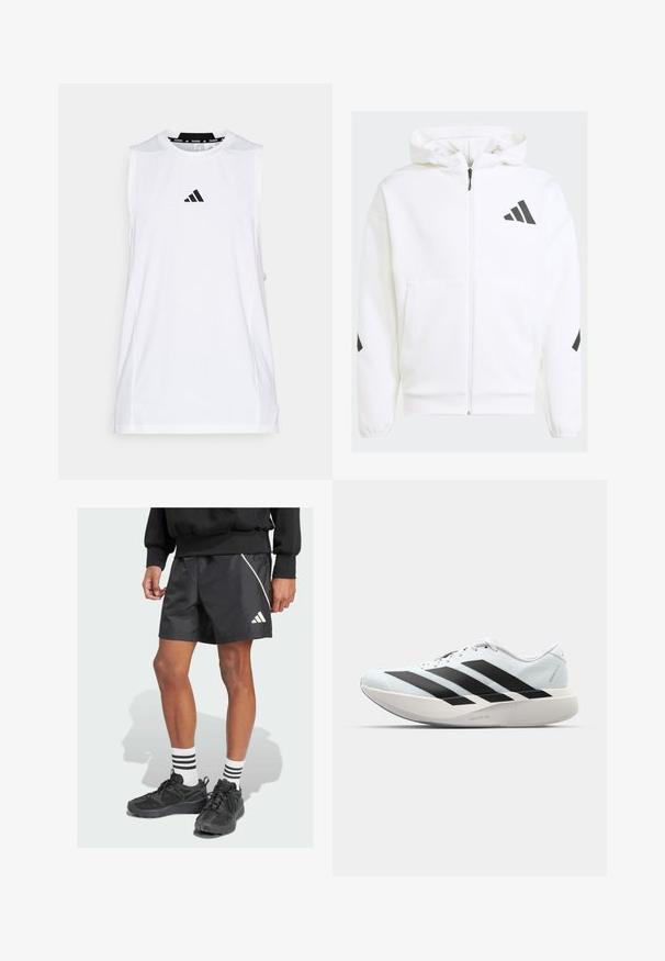 White zip-up hoodie with a hood. Features black logo and accents on shoulders. Made from soft material, smooth texture. Front pockets included.; adidas Performance TANK - Top - white; Black athletic shorts with a white diagonal stripe and Adidas logo. Worn with black sneakers and white socks featuring three black stripes.; Lightweight running shoes in pale blue with black stripes. Features a smooth upper, round toe, and thick white midsole labeled "LIGHTSTRIKE PRO."