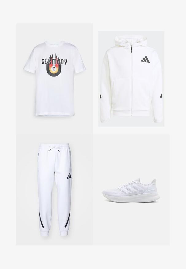 Valkoinen vetoketjullinen collegehuppari, jossa on huppu. Sisältää mustan logon ja korostuksia olkapäillä. Valmistettu pehmeästä materiaalista, jonka pinta on tasainen. Etupussit sisältyvät.; Valkoinen puuvillapaita, jossa on musta ja oranssi grafiikka, jossa lukee "GERMANY" sekä pyöreä muotoilu, jossa on jalkapallo ja raidat.; Valkoiset urheiluhousut mustilla yksityiskohdilla, valmistettu pehmeästä kankaasta, jossa on joustava vyötärö, nyörikiinnitys ja sivutaskut.; Valkoiset urheilukengät, joissa on teksturoitu verkkomateriaali ylhäällä, tukevat pehmustetut pohjat ja kolme raitaa sivussa.
