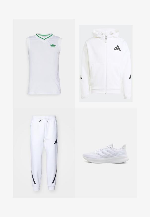 Sudadera blanca con cremallera y capucha. Presenta un logo negro y detalles en los hombros. Hecha de material suave, con textura lisa. Incluye bolsillos frontales.; Top atlético sin mangas de color blanco con escote en V, acentos en verde en el cuello y un pequeño logo verde en el pecho. Textura de malla para transpirabilidad.; Pantalones deportivos blancos con detalles en negro, confeccionados en una tela suave, que cuentan con una cintura elástica, cierre con cordón y bolsillos laterales.; Zapatillas deportivas blancas con una parte superior de malla texturizada, suela acolchada y soporte, y un diseño de tres rayas en el lateral.