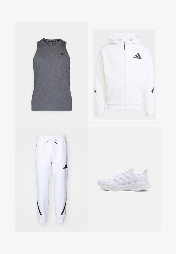 Sudadera blanca con cremallera y capucha. Presenta un logo negro y detalles en los hombros. Hecha de material suave, con textura lisa. Incluye bolsillos frontales.; Top atlético gris hecho de una tela ligera, con un escote redondo y un logo de la marca negro en el área del pecho izquierdo.; Pantalones deportivos blancos con detalles en negro, confeccionados en una tela suave, que cuentan con una cintura elástica, cierre con cordón y bolsillos laterales.; Zapatillas deportivas blancas con una parte superior de malla texturizada, suela acolchada y soporte, y un diseño de tres rayas en el lateral.