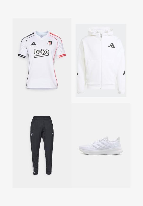 Sudadera blanca con cremallera y capucha. Presenta un logo negro y detalles en los hombros. Hecha de material suave, con textura lisa. Incluye bolsillos frontales.; adidas Performance BESIKTAS 25/26 HOME JERSEY - Equipación de clubes - white; Pantalones deportivos negros con cinturilla elástica, logo bordado en el muslo y rayas blancas que recorren los lados.; Zapatillas deportivas blancas con una parte superior de malla texturizada, suela acolchada y soporte, y un diseño de tres rayas en el lateral.