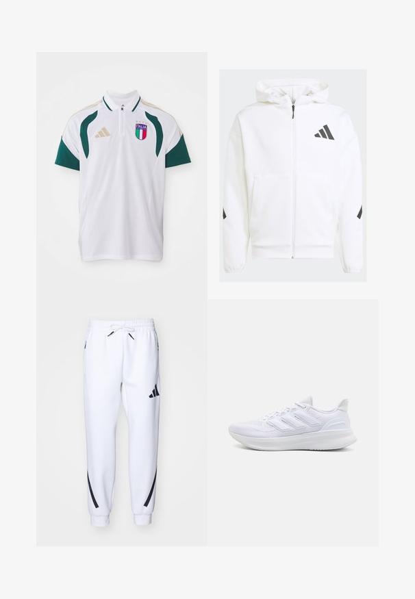 Weiße Zip-Hoodie mit Kapuze. Verfügt über schwarzes Logo und Akzente an den Schultern. Aus weichem Material mit glatter Textur gefertigt. Mit vorderen Taschen.; Weißes Poloshirt mit grünen Akzenten, kurzen Ärmeln und einem Reißverschlusskragen. Enthält das "ITALIA"-Logo und drei Sterne darüber. adidas-Logo auf der Schulter.; Weiße sportliche Jogginghosen mit schwarzen Akzenten, aus weichem Stoff, mit elastischem Bund, Kordelzugverschluss und Seitentaschen.; Weiße Sportschuhe mit einem strukturierten Mesh-Obermaterial, einer stützenden gepolsterten Sohle und einem drei Streifen-Design an der Seite.