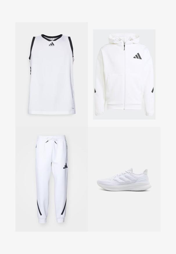 Felpa bianca con zip e cappuccio. Presenta un logo nero e dettagli neri sulle spalle. Realizzata in materiale morbido, con una texture liscia. Tasche frontali incluse.; Canotta da basket bianca con colletto e dettagli neri sulle spalle, caratterizzata da un logo sul petto e tre strisce nere su ciascun lato.; Pantaloni da jogging bianchi con dettagli neri, realizzati in tessuto morbido, dotati di vita elasticizzata, chiusura con cordoncino e tasche laterali.; Scarpe sportive bianche con tomaia in mesh texturato, suola ammortizzata e supportiva, e design a tre strisce sul lato.