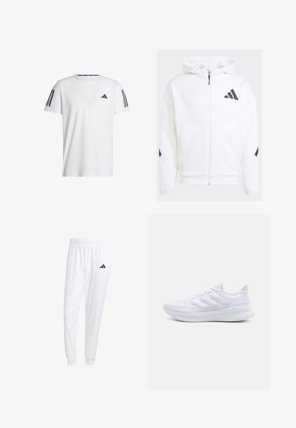 Biała bluza z zamkiem błyskawicznym i kapturem. Zawiera czarne logo oraz akcenty na ramionach. Wykonana z miękkiego materiału o gładkiej teksturze. Posiada kieszenie z przodu.; Biała koszulka z krótkim rękawem, wykonana z oddychającego materiału, z czarnym trójkątnym logo i trzema czarnymi paskami na każdym ramieniu.; Białe sportowe spodnie z gładkiego materiału, z elastycznym pasem w talii i dopasowanymi mankietami, z czarnym logo na tylnej kieszeni.; Białe buty sportowe z teksturowaną siateczką na cholewce, wspierającą wyściółką i trzema paskami po boku.