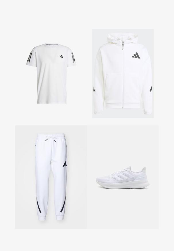 White zip-up hoodie with a hood. Features black logo and accents on shoulders. Made from soft material, smooth texture. Front pockets included.; White short-sleeve T-shirt made of breathable fabric, featuring a black triangular logo and three black stripes on each shoulder.; White athletic joggers with black accents, made from soft fabric, featuring an elastic waistband, drawstring closure, and side pockets.; White athletic shoes featuring a textured mesh upper, supportive cushioned sole, and three stripe design on the side.