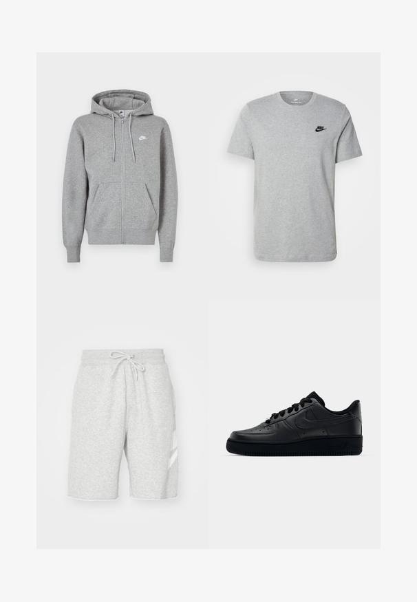 Šedá mikina na zip z měkké látky. Má kapuci se stahovací šňůrkou, dvě přední kapsy a malé bílé logo na hrudi.; Šedé tričko s krátkým rukávem vyrobené z bavlny, s černým logem Nike na hrudi a kulatým výstřihem. Minimalistický design bez vzorů.; Pánské šedé sportovní šortky vyrobené z měkké bavlny, s elastickým pasem na stáhnutí, bočními kapsami a bílým logem.; Černé tenisky Nike Air Force 1 s hladkým koženým svrškem, perforovanou špičkou pro prodyšnost, černými tkaničkami a texturovanou gumovou podešví.